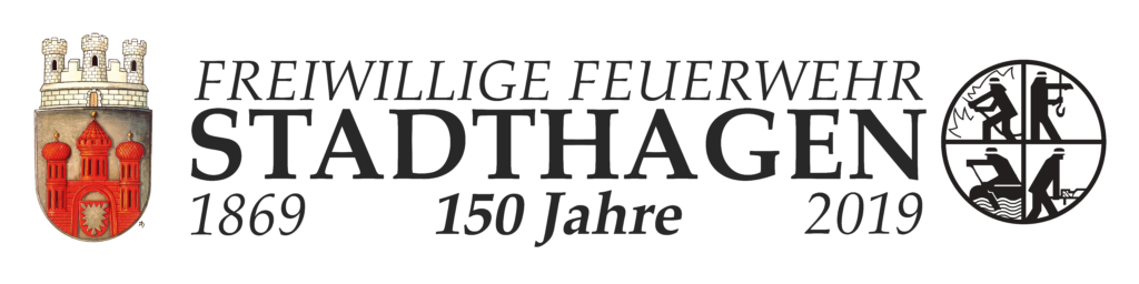 Logo der Stadt Stadthagen, das Emblem der Deutschen Feuerwehr. Dazwischen der Text "Freiwillige Feuerwehr Stadthagen" Darunter steht 1869, 150 Jahre, 2019